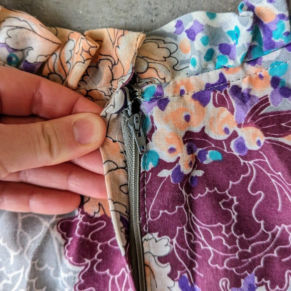 Vintage Floral Blue Purple Orange Short Sleeve Empire Waist Maxi Dress - Picture 13 of 14